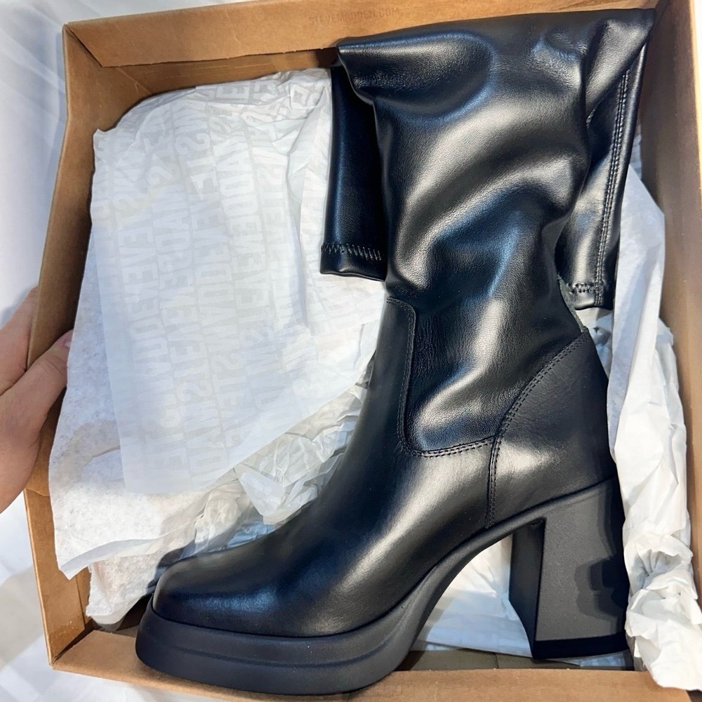 Steve Madden‎ Zenovia Black Below The Knee Square Toe Block Heeled Boots Y2K